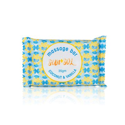 World Amenities Sun Sol Bulk Moisturizing Massage Bar with Warm Coconut Vanilla Fragrances, Sachet Wrapped Travel Size Toiletries, Mini Hotel Amenities, 1.23 oz (300 Pack)