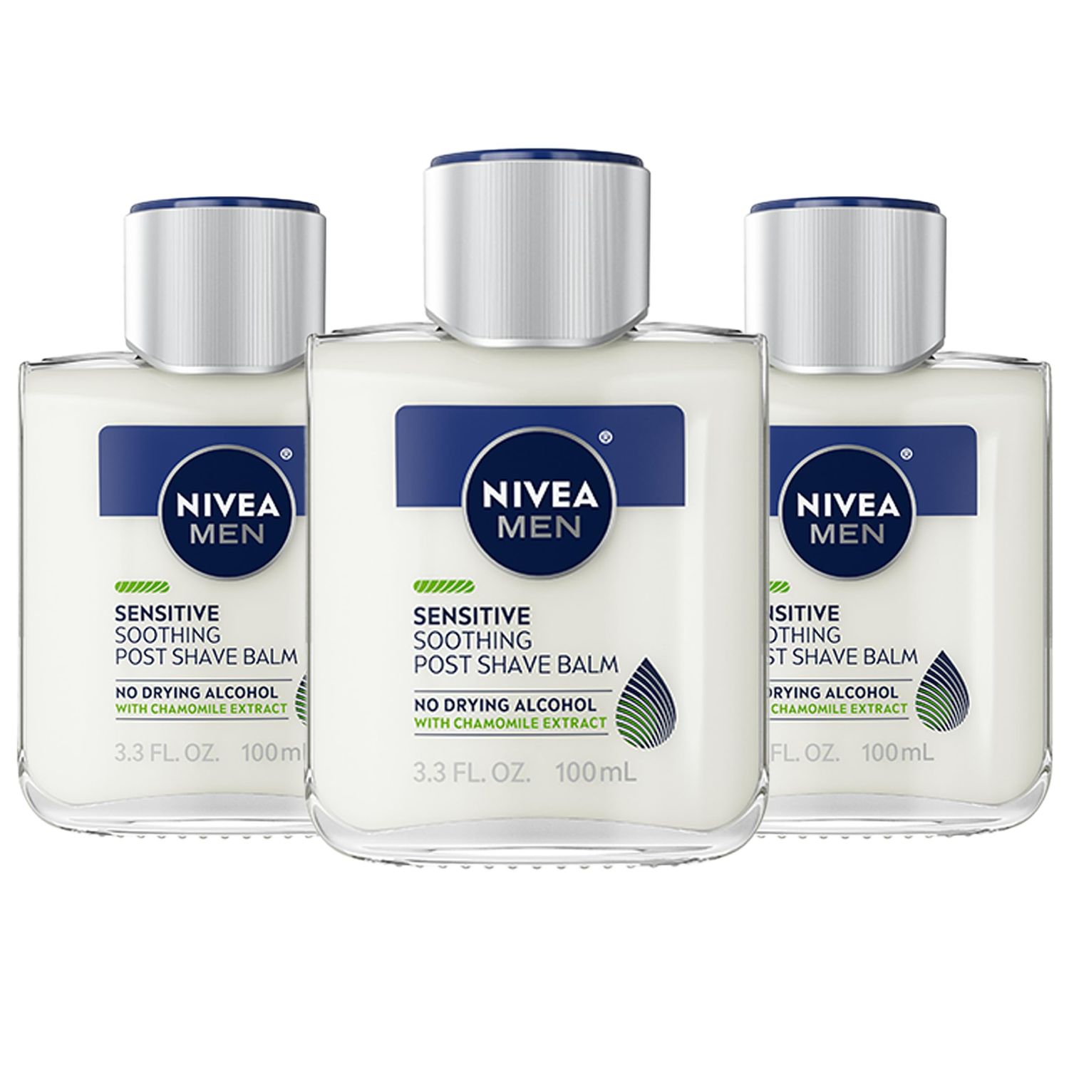 NIVEA MEN Sensitive Soothing Post Shave Balm with Vitamin E, Pro-Vitamin B5 and Chamomile Extract, Alcohol Free After Shave Balm for Men, 3 Pack of 3.3 Fl Oz Bottles