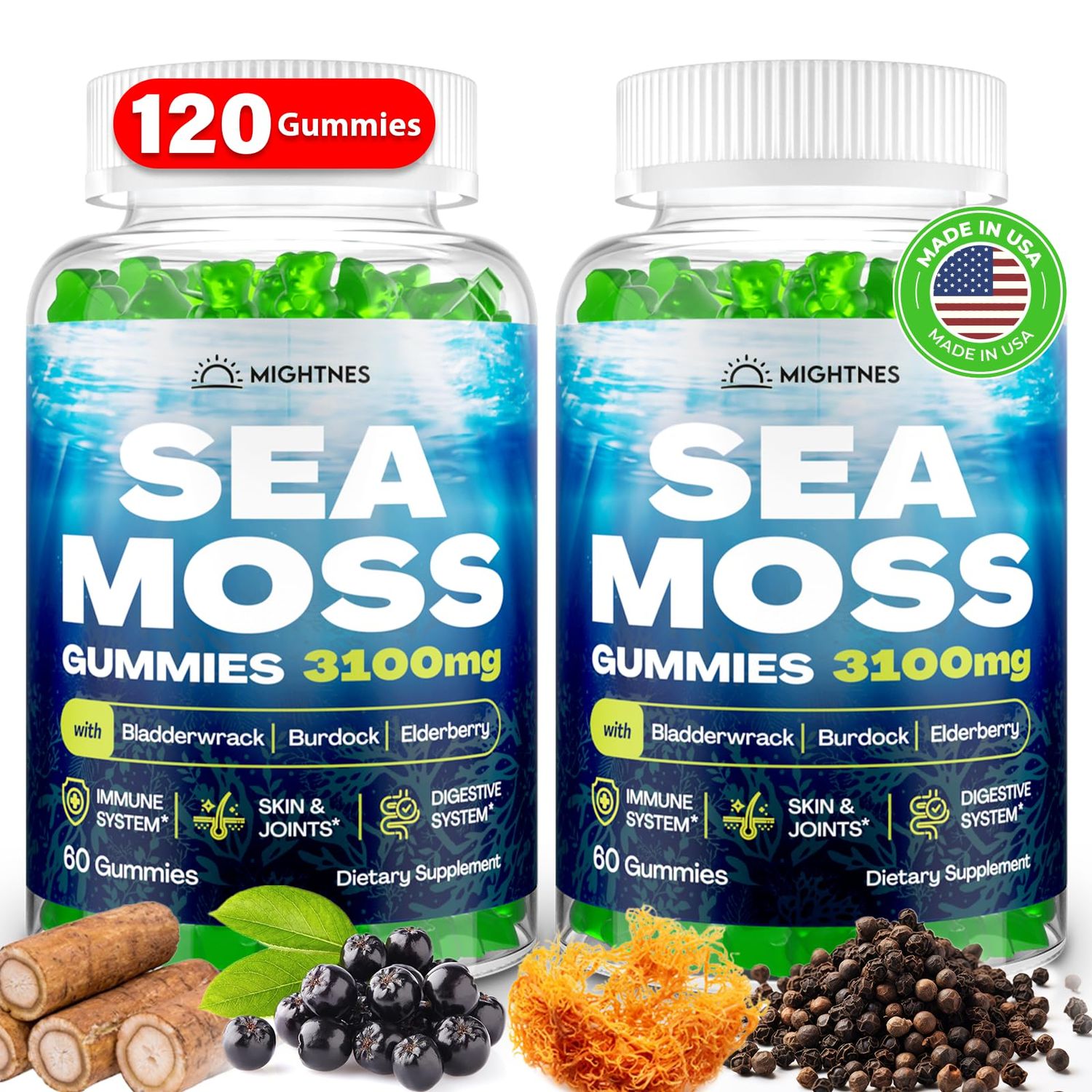 Sea Moss Gummies, Irish True Sea Moss Seamoss Gummies for Women Men with Bladderwrack, Burdock Root, Elderberry Vitamin C and Zinc for Detox Cleanse, Immune, Skin, Digestive, Organic, 120 pcs