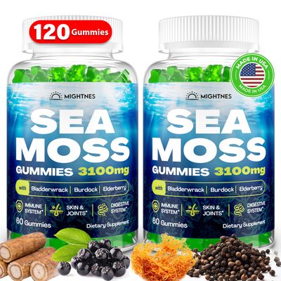 Sea Moss Gummies, Irish True Sea Moss Seamoss Gummies for Women Men with Bladderwrack, Burdock Root, Elderberry Vitamin C and Zinc for Detox Cleanse, Immune, Skin, Digestive, Organic, 120 pcs