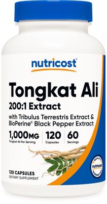 Nutricost Tongkat Ali 1,000mg 120 Capsules - with Tribulus Terrestris and BioPerine, Vegetarian Caps, Non-GMO, Gluten Free, Potent Extract