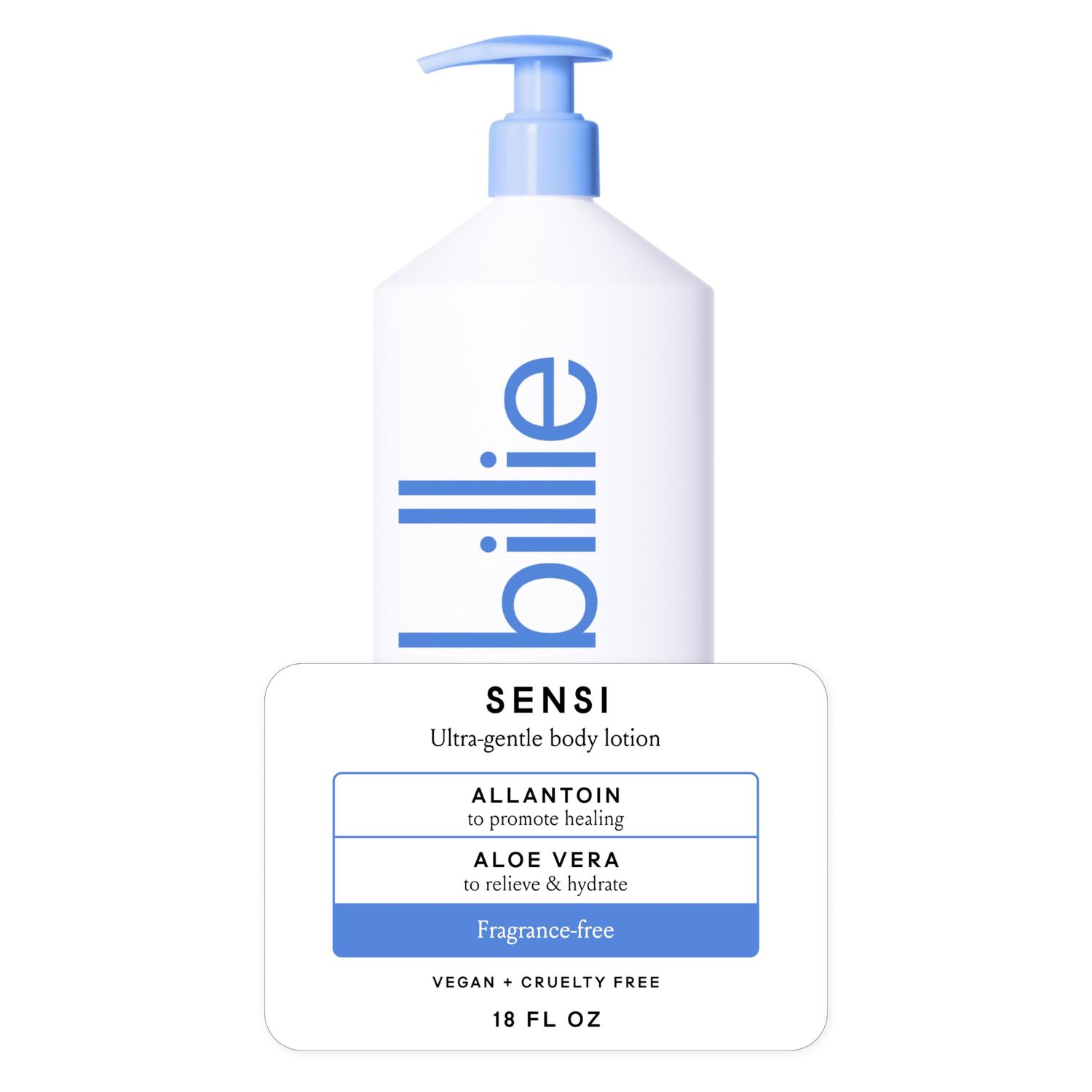 Billie Sensi Ultra-Gentle Women&#39;s Body Lotion, Fragrance-Free, Allantoin Aloe Vera, 18 fl oz