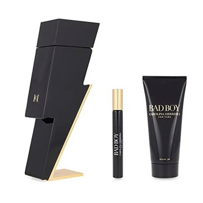 Carolina Herrera Bad Boy 3-Piece Set for Men, (3.4 Oz Eau De Toilette Spray 3.4 Oz Shower Gel 0.33 Oz Travel Spray)