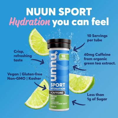 Nuun Sport Electrolyte Tablets with Caffeine from Green Tea Extract, Magnesium, Calcium, Potassium, Chloride Sodium, Gluten Free Vegan, Fresh Lime, 8 Pack (80 Servings Total)