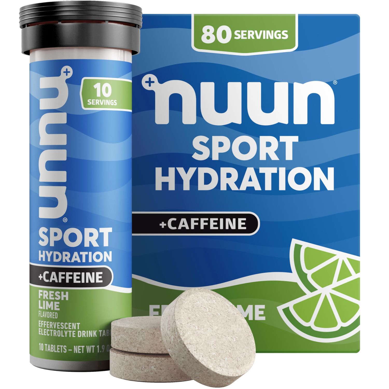 Nuun Sport Electrolyte Tablets with Caffeine from Green Tea Extract, Magnesium, Calcium, Potassium, Chloride Sodium, Gluten Free Vegan, Fresh Lime, 8 Pack (80 Servings Total)