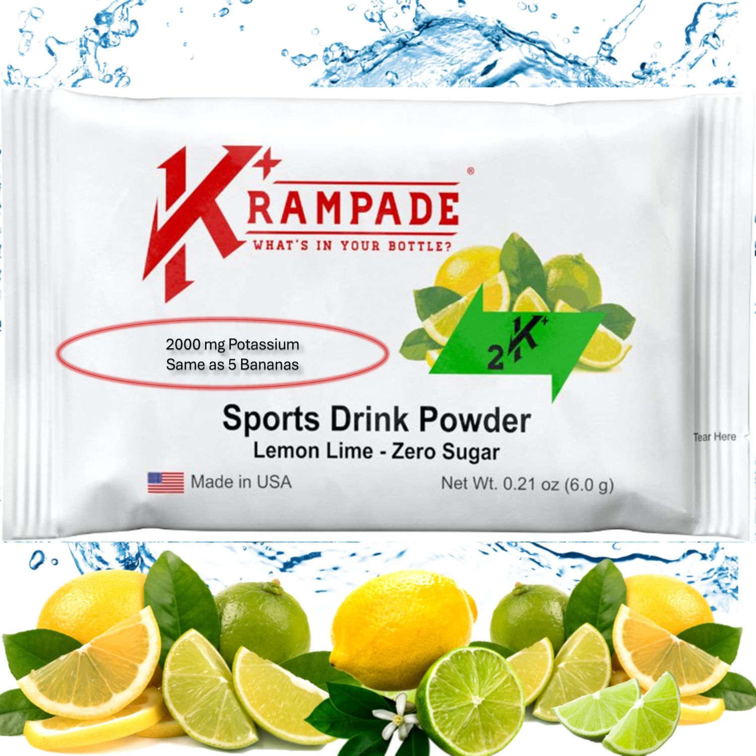 Krampade Electrolytes Powder Potassium Supplement - 2000 mg K, 2X More Than Coconut Water Cramp Relief and Prevention Hydration Powder Packets