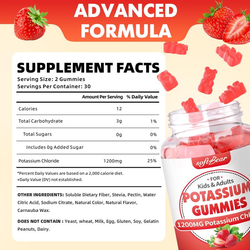 softbear Potassium Gummies for Adults, Sugar Free Potassium Chloride Gummies 1200mg Support Leg Cramps Electrolyte Balance High Potency Potassium Supplement Gummies Strawberry Flavor 60 Count