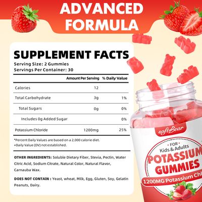 softbear Potassium Gummies for Adults, Sugar Free Potassium Chloride Gummies 1200mg Support Leg Cramps Electrolyte Balance High Potency Potassium Supplement Gummies Strawberry Flavor 60 Count