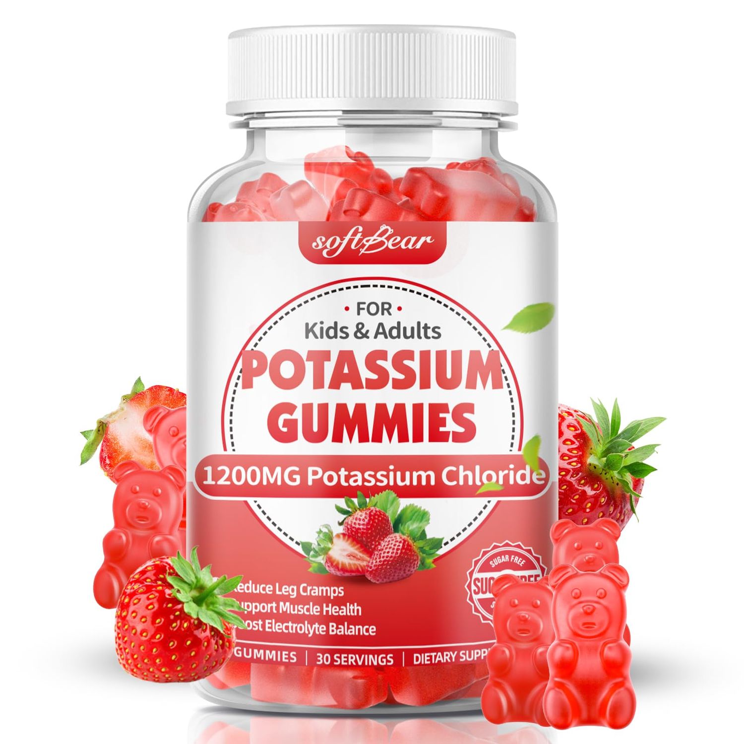 softbear Potassium Gummies for Adults, Sugar Free Potassium Chloride Gummies 1200mg Support Leg Cramps Electrolyte Balance High Potency Potassium Supplement Gummies Strawberry Flavor 60 Count