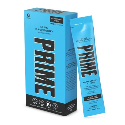 PRIME HYDRATION Sticks Blue Raspberry Hydration Powder Single Serve Sticks Electrolyte Powder On The Go 250mg BCAAs, B Vitamins, Antioxidants Low Sugar Caffeine-Free Vegan 6 Sticks
