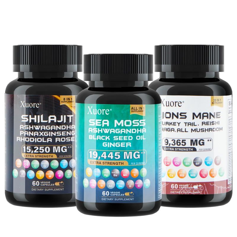 Xuore Bundle of Shilajit, Sea Moss, Lions Mane Black Seed Oil, Ashwagandha, Ginger Rhodiola Rosea, Panax Ginseng Turkey Tail, Reishi, Cordyceps, Chaga All in one Supplements (1 Pack)