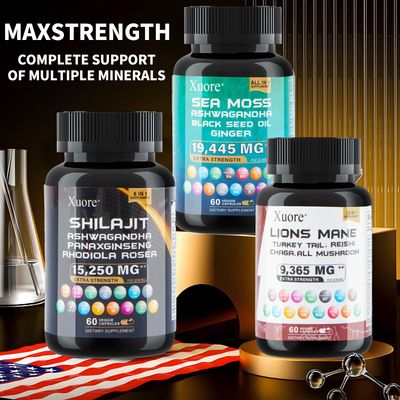 Xuore Bundle of Shilajit, Sea Moss, Lions Mane Black Seed Oil, Ashwagandha, Ginger Rhodiola Rosea, Panax Ginseng Turkey Tail, Reishi, Cordyceps, Chaga All in one Supplements (1 Pack)