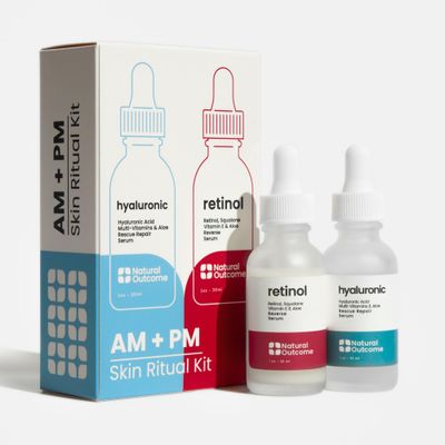Natural Outcome Hydrating Hyaluronic Acid Serum and Retinol Facial Serum - Night and Day Anti Aging Facial Serum Set 1 oz Each, Vegan, Cruelty Free Fragrance Free