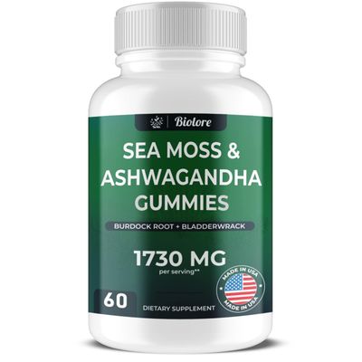 Sea Moss Gummies with Ashwagandha, Irish Sea Moss, Burdock Root, Bladderwrack - Gummies for Adults, Kids, Men, Women - Vegan, Gluten-Free