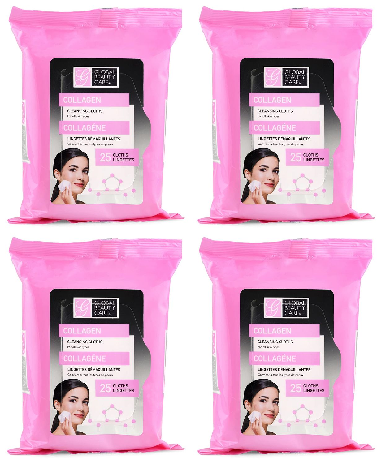 Global Beauty Care Collagen Cleansing Facial Towelettes, Makeup Remover, Nourishing Face Eye, Hypoallergenic, Paraben-Free, Non-Comedogenic, Hydrates Smooths Skin, 25 Wipes, 100 Count 4 Pack