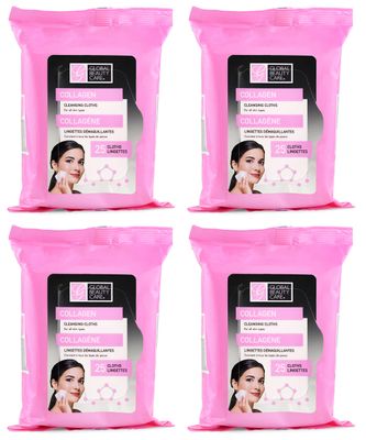 Global Beauty Care Collagen Cleansing Facial Towelettes, Makeup Remover, Nourishing Face Eye, Hypoallergenic, Paraben-Free, Non-Comedogenic, Hydrates Smooths Skin, 25 Wipes, 100 Count 4 Pack