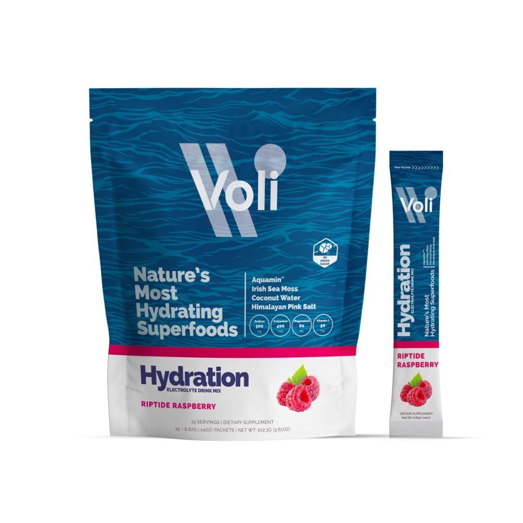 Voli Hydration Electrolytes Powder Packets - Drink Mix - Riptide Raspberry, 15 Ct - Superfoods Minerals - Coconut Water, Aquamin Magnesium, Himalayan Pink Salt Irish Sea Moss - No Added Sugar