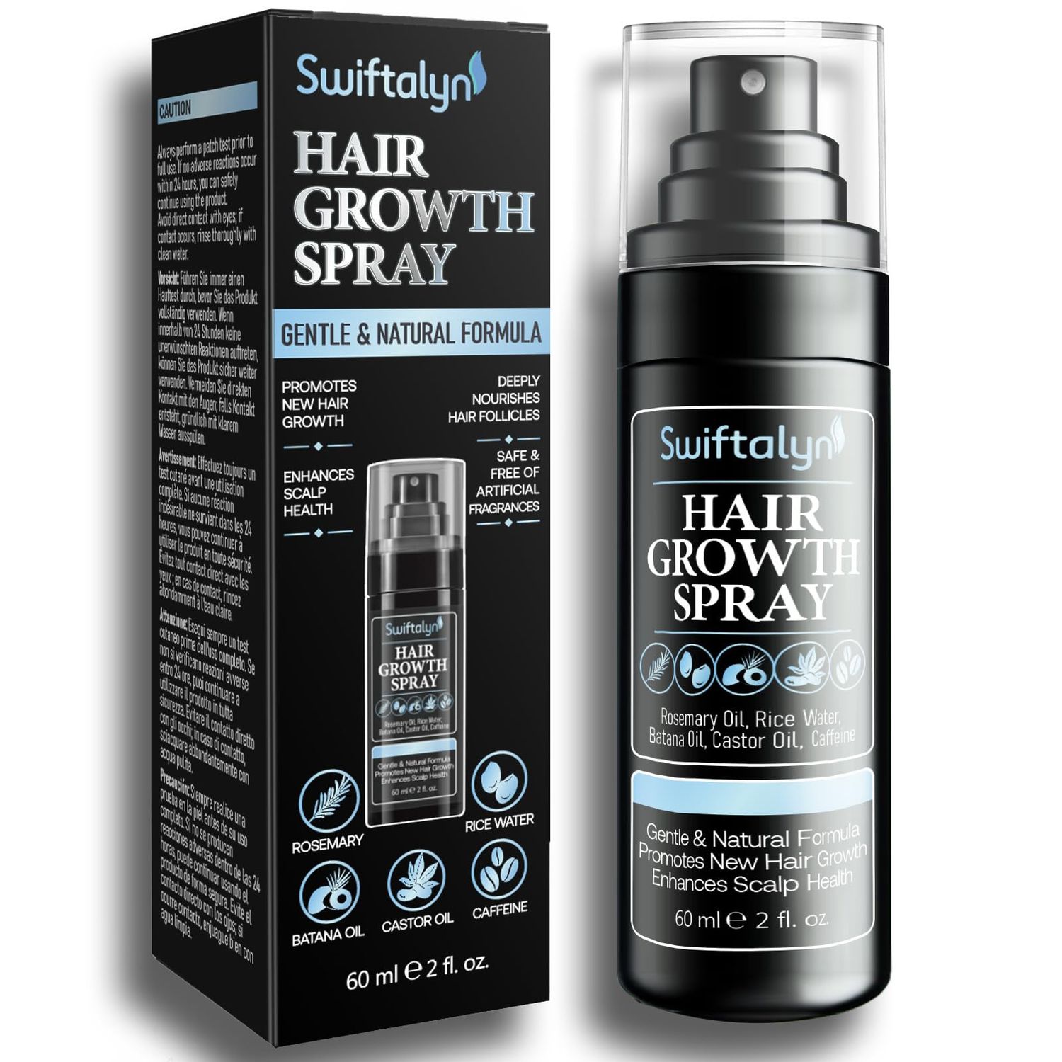 Natural Hair Growth Spray Serum for Men Hair and Scalp Oil with Rosemary, Batana Oil, Rice Water, Castor Oil, Caffeine, Biotin - Effective Hair Thickening and Hair Loss Treatment for Men 60ml