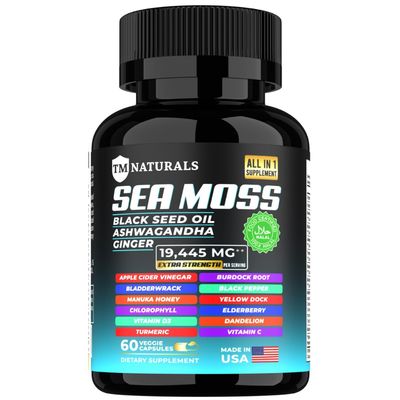 TM NATURALS Sea Moss with Black Seed Oil, Vitamin C, Ashwagandha and Turmeric for Immune Support Energy - 60 Vegan Capsules Free Pill Box