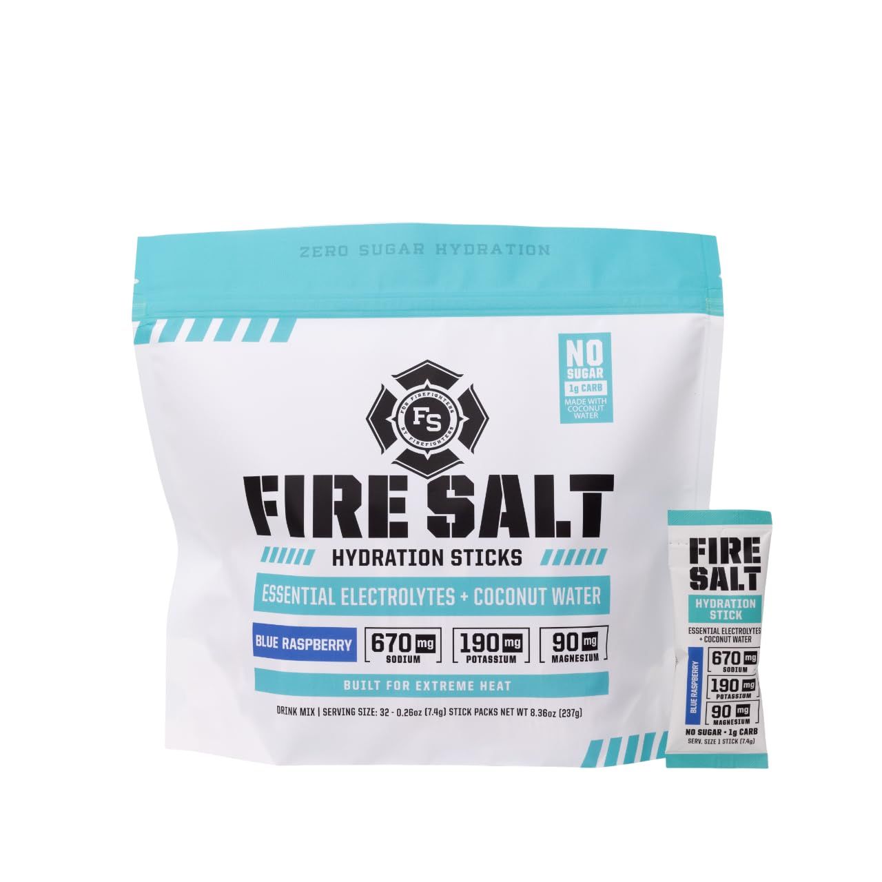Fire Science Fire Salt Hydration Sticks, Electrolytes Coconut Water, Hydration Drink Mix with Magnesium, Potassium Sodium, Zero Sugar, Single Serve On the Go Packs, Blue Raspberry Flavor, 32 Count