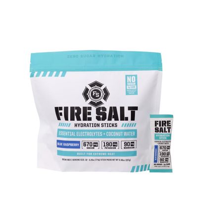 Fire Science Fire Salt Hydration Sticks, Electrolytes Coconut Water, Hydration Drink Mix with Magnesium, Potassium Sodium, Zero Sugar, Single Serve On the Go Packs, Blue Raspberry Flavor, 32 Count