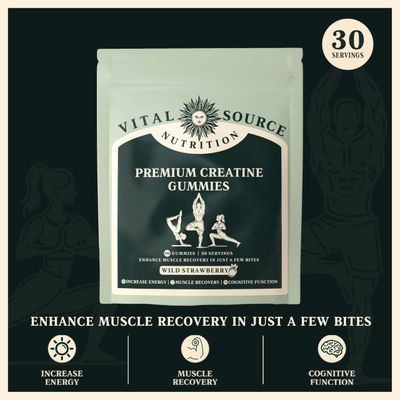 Vital Source Nutrition - Premium Creatine Gummies - Muscle Growth, Recovery Energy Support - 5g Creatine Monohydrate - Vegan, Gluten-Free Halal - Wild Strawberry - 120 Gummies - 30 Servings