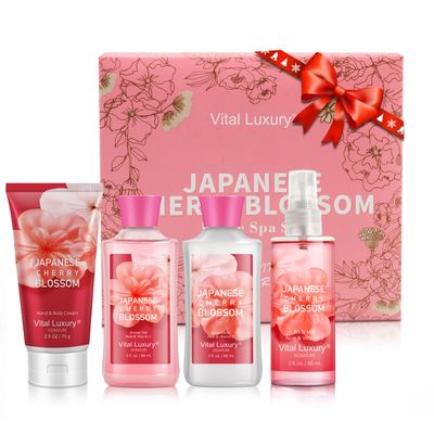 Vital Luxury Bath Body Kit, 3 Fl Oz Travel Size, Ideal Skincare Relaxing Home Spa Set, Includes Body Lotion, Shower Gel, Body Cream, and Fragrance Mist, Bath Gifts for Her and Him (Japanese Cherry