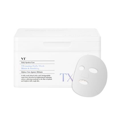 VT COSMETICS TX Toning Daily Mask 30 Sheets, Tranexamic Acid, Niacinamide, Glutathione for Acne Scars, Dark Spots, Hydrating Glowing Facial Mask, Fragrance-Free, Korean Face Mask