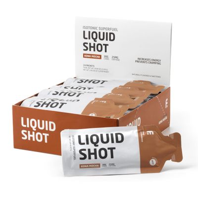 FIRST ENDURANCE Liquid Shot - Running, Cycling, Triathlon Fuel for Instant Energy and Cramp Relief Electrolytes, High Carb Liquid Energy for Endurance Sports Kona-Mocha w25mg of Caffeine