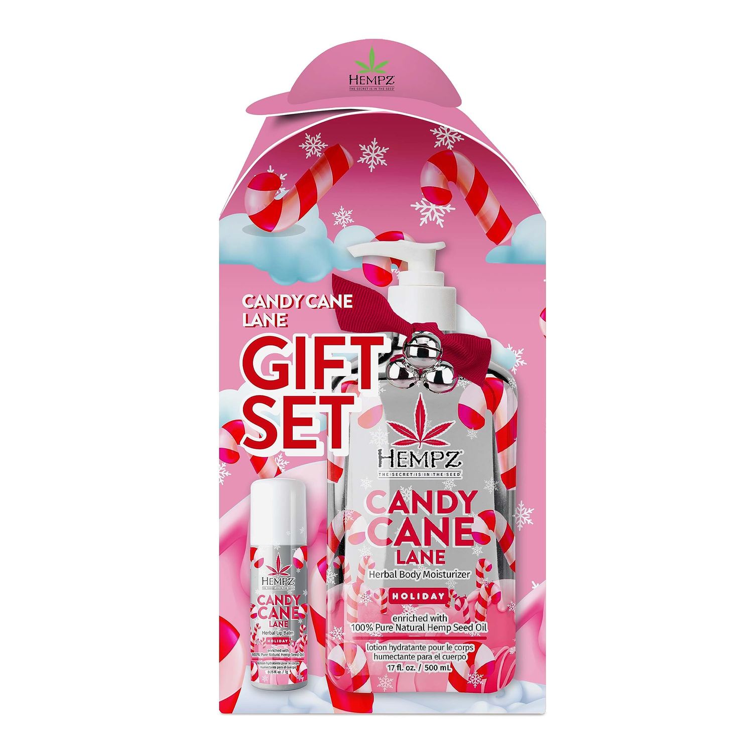 Hempz Holiday Gift Set, Candy Cane Lane Moisturizer (17 Oz) Lip Balm (.44 Oz) - Holiday Moisturizing Lip Balm Hydrating Lotion Skin Care Gift Set for Women Men for Combatting Dry Lips Skin