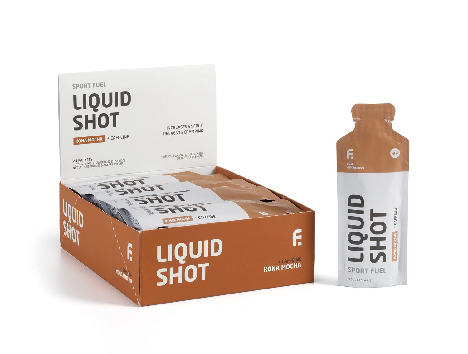 FIRST ENDURANCE Liquid Shot - Running, Cycling, Triathlon Fuel for Instant Energy and Cramp Relief Electrolytes, High Carb Liquid Energy for Endurance Sports Kona-Mocha w25mg of Caffeine