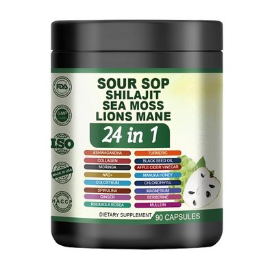24 in 1 Soursop Supplement - Graviola Capsules with Shilajit, Sea Moss, Lions Mane,Turmeric, Ashwagandha, Ginger Manuka Honey and More - Immune, Gut Stress Support - Non-GMO, 90 Capsules