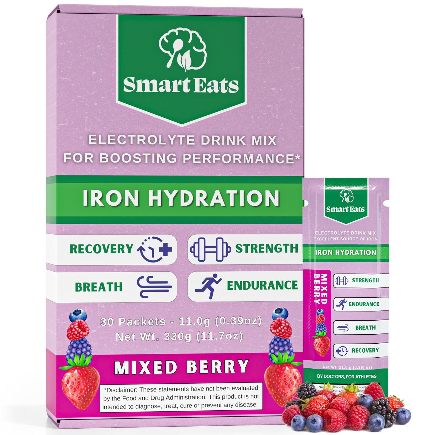 Smart Eats Electrolyte Powder - 10mg Iron, 1,700mg Electrolytes, 10 Essential Minerals Vitamins, Rapid Sustained Hydration, Designed by Doctors, 1 Gram Sugar, Sour Berry Flavor - 30 Packets