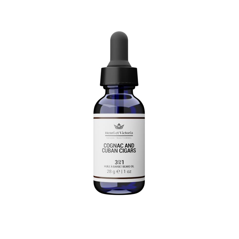 HENRI ET VICTORIA Beard Oil Cognac and Cuban Cigars Fragrance Canadian Made by Skilled Artisan Moisturizing, Non-Greasy, Natural Ingredients 28g (1oz)