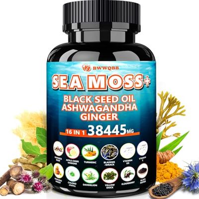 Sea Moss Black Seed Oil Ashwagandha Turmeric Organic Seaweed with Vitamin C and Vitamin D3, Clean Nutrition, Boost Immunity and Energy, High Purity Irish Seamoss