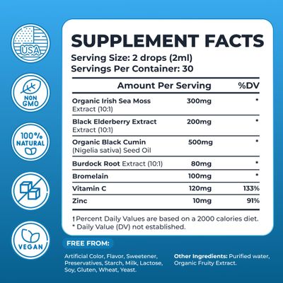 TrueSeaMoss Irish Sea Moss Drops - 5X Stronger Than Sea Moss Gel - 92 Essentials Minerals - with Black Elderberry, Burdock Root Black Cumin - 2 Fl Oz (60ml) - Elderberry Flavor