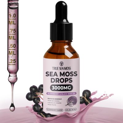 TrueSeaMoss Irish Sea Moss Drops - 5X Stronger Than Sea Moss Gel - 92 Essentials Minerals - with Black Elderberry, Burdock Root Black Cumin - 2 Fl Oz (60ml) - Elderberry Flavor