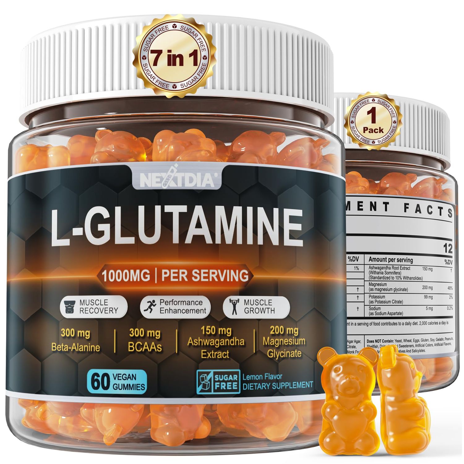 L-Glutamine 1000mg Exercise Gummies - Promotes Muscle Recovery and Growth, Enhances Performance. With Beta-Alanine, BCAAs, Magnesium Glycinate, Potassium, Sodium, Ashwagandha, Sugar-Free,Extra Chewy