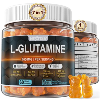 L-Glutamine 1000mg Exercise Gummies - Promotes Muscle Recovery and Growth, Enhances Performance. With Beta-Alanine, BCAAs, Magnesium Glycinate, Potassium, Sodium, Ashwagandha, Sugar-Free,Extra Chewy