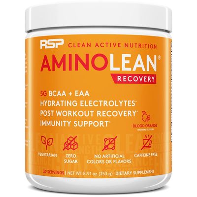 RSP AminoLean Recovery - Post Workout BCAAs Amino Acids Supplement Electrolytes, BCAAs and EAAs for Hydration Boost, Immunity Support - Muscle Recovery Drink, Vegan Aminos, Blood Orange