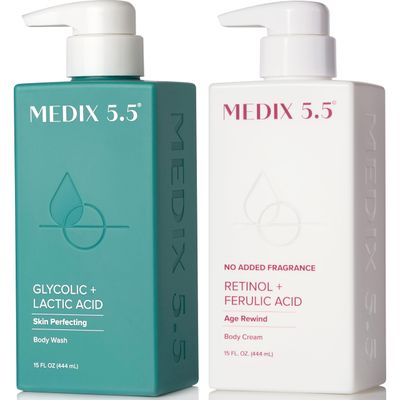 MEDIX Exfoliating Glycolic Acid Body Wash Face Wash Fragrance Free Retinol Body Lotion Skin Care Set Crepey Skin Care Treatment Lactic Acid Foaming Wash For KP Bumps, Keratosis Pilaris Acne
