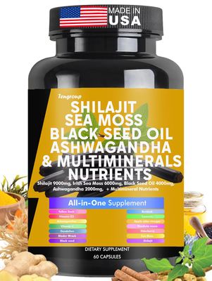 Shilajit 9000mg Sea Moss 6000mg Black Seed Oil 4000mg Ashwagandha 2000mg Burdock 1000mg Vitamin C D3 with Elderberry rhodiola rosea Dandelion Yellow Dock Turmeric ACV