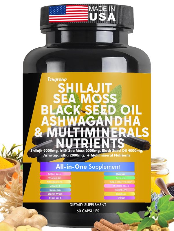 Shilajit 9000mg Sea Moss 6000mg Black Seed Oil 4000mg Ashwagandha 2000mg Burdock 1000mg Vitamin C D3 with Elderberry rhodiola rosea Dandelion Yellow Dock Turmeric ACV