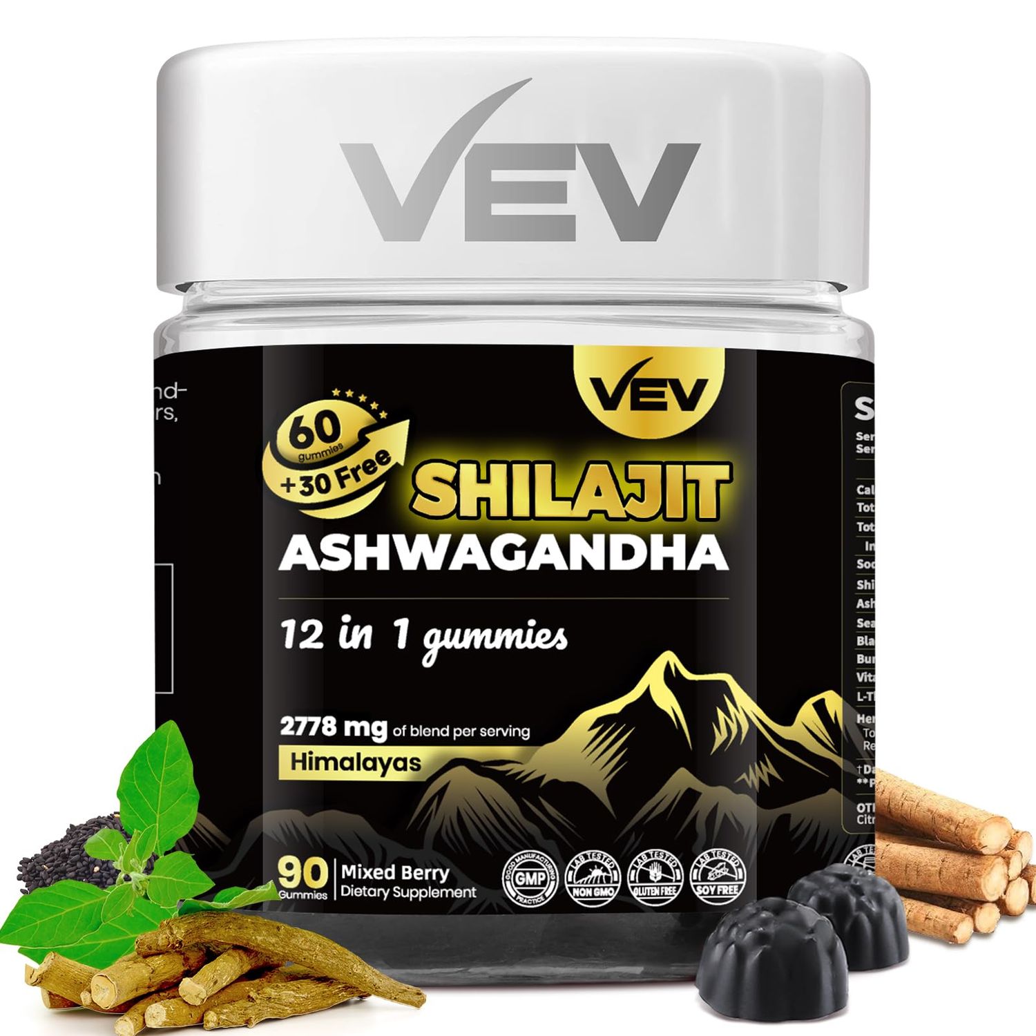 VEV Shilajit for Man with Ashwagandha Gummies, Sea Moss, Black Seed, Vitamin D3, L-Theanine and More Vegan No Added Sugar 90 Chews for Daily Energy Wellness