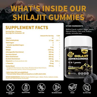 VEV Shilajit for Man with Ashwagandha Gummies, Sea Moss, Black Seed, Vitamin D3, L-Theanine and More Vegan No Added Sugar 90 Chews for Daily Energy Wellness
