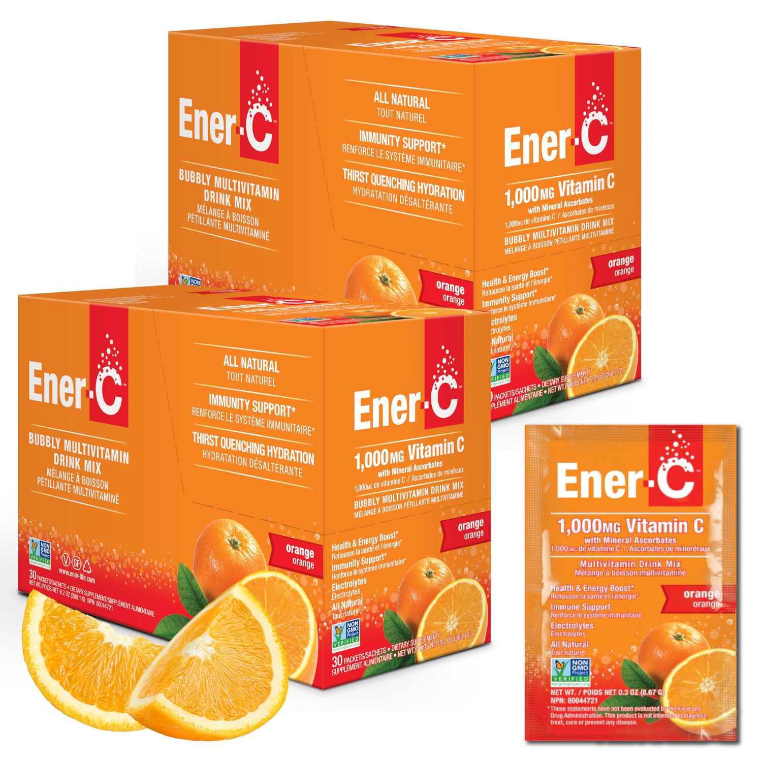 Ener-C - Vitamin C Immune Support, 1000mg Vitamin C Effervescent Multivitamin Drink Powder, Fruit Juice Vitamin C Drink Mix for Hydration with Electrolytes, Orange, 60 Packets (2-Pack)