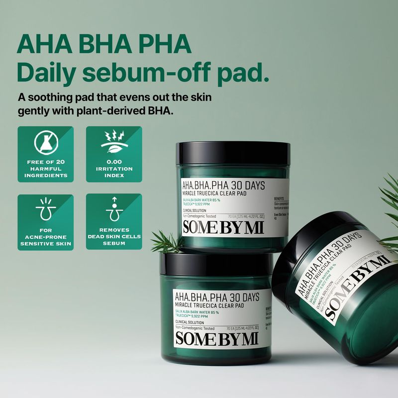 SOME BY MI AHA BHA PHA 30 Days Miracle Truecica Clear Pad - 70 Pads - Mild Exfoliating Korean Centella Toner Pads - Daily Soothing and Blackhead Removing Pore Minimizer for Face - Korean Skin Care