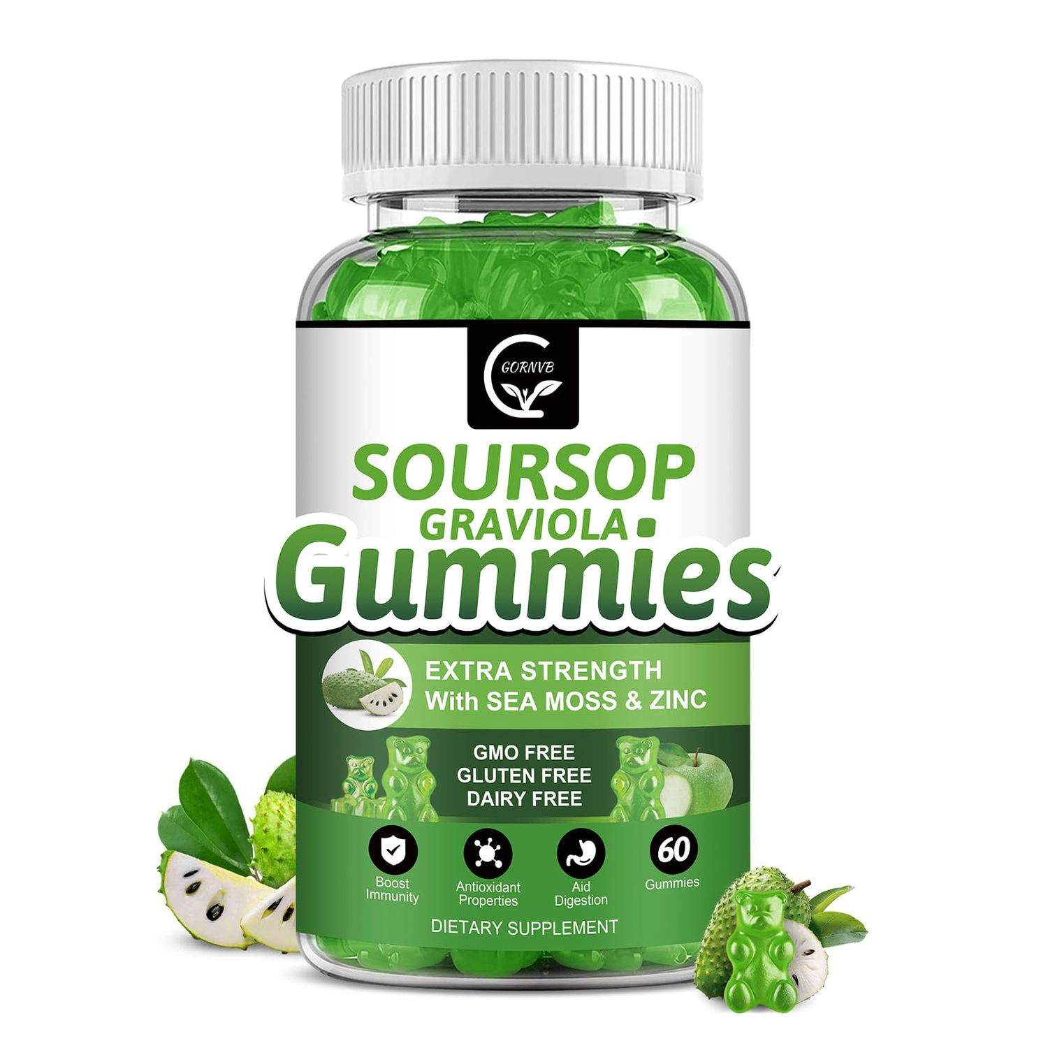 Organic Soursop Graviola Gummies - 2200mg Extra Strength Soursop Leaves Extract wSea Moss Extract 200mg, Zinc Vitamin C - Supports Immunity, Liver, Zzz Antioxidant, Gluten Free, Vegan, 60 Gummies