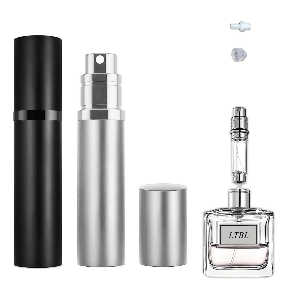 LTBL 2PCS Perfume Travel Refillable Bottle, Bottom-Filling Fragrances Perfume Atomizer, Empty Mini Cologne Dispenser, Portable Sprayer Pocket Size for On the Go 5ml (Black Silver)