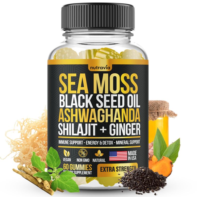 Sea Moss, Black Seed Oil, Ashwagandha, Ginger, Shilajit Gummies with Elderberry, Chlorophyll, Turmeric Bladderwrack Sea Moss Gummies Advanced Strength Formula - All in 1 Bundle - USA Made (60 Gummies)